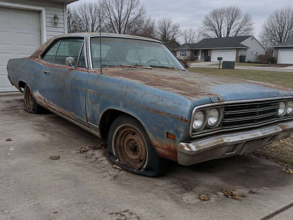 Rusted old car with a flat tire parked in a driveway