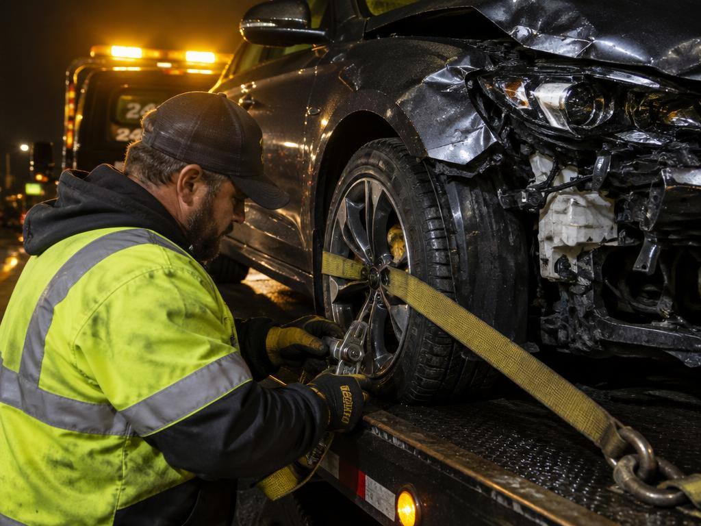 Tow operator strapping a damaged car onto a flatbed